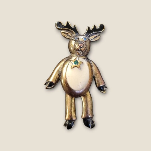 Vintage Reindeer Brooch With Rhinestone Eyes & Belly - Picture 2 of 4